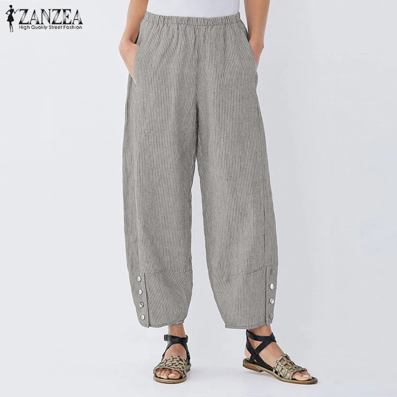 

ZANZEA Women Elastic Waist Striped Wide Leg Pants Casual Loose Harem Pants Female Pockets Trousers Vintage Pantalon Plus Size