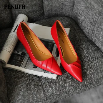 

2020 PENUTA Red High Heels Genuine Leather pumps women shoes New Design Pointy Toe Pleated Fashion Party Shoes White Black G0111