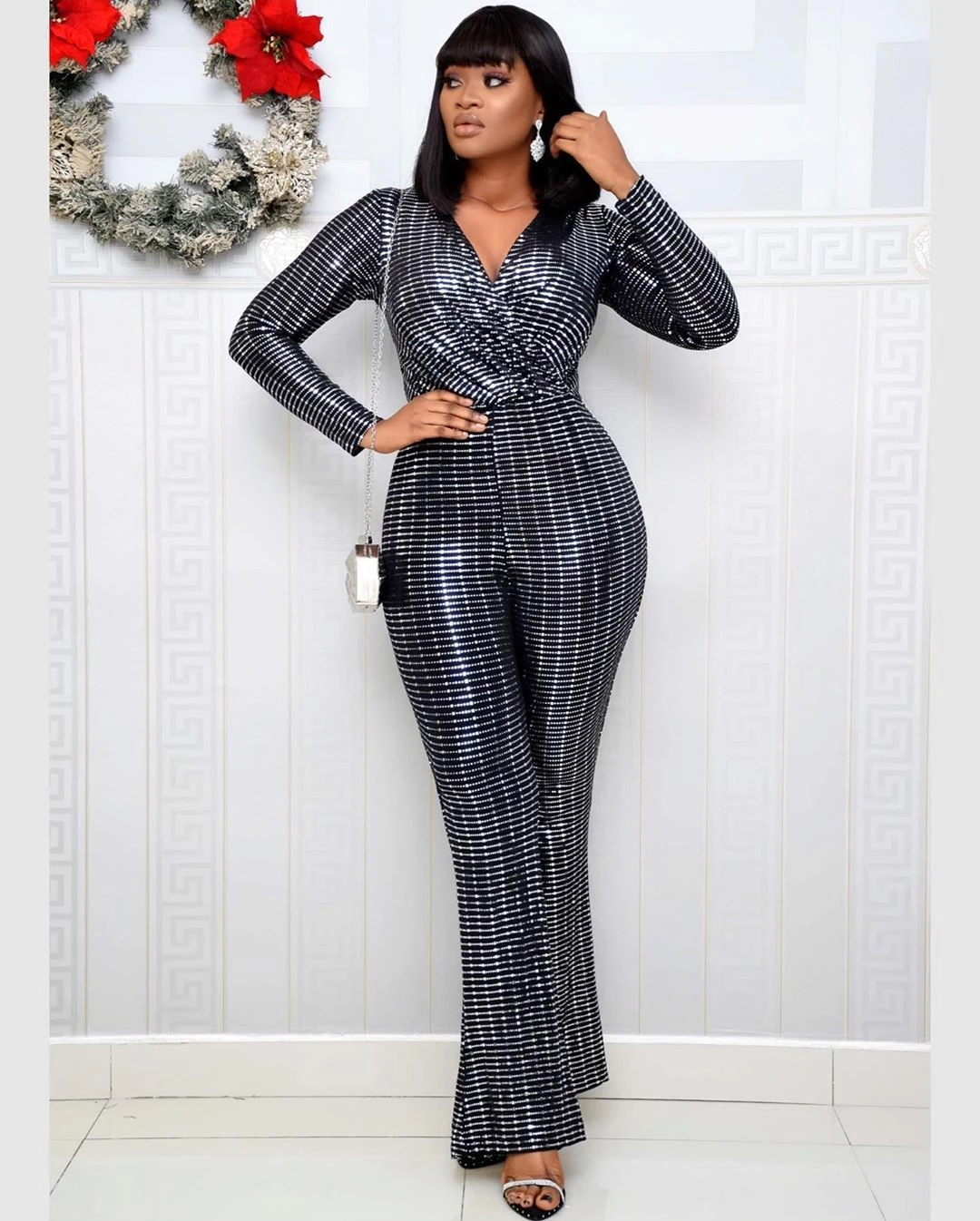 Echoine V-neck Black Sequin Jumpsuit Long Sleeve Sexy Bodycon Stretch Party  Clubwear Outfits Women Rompers Playsuit Clothing - Jumpsuits - AliExpress