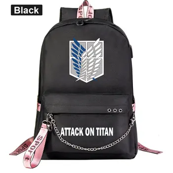

Attack on Titan Wing of Freedom USB Backpack School Bags Black Mochila Travel Laptop Chain Backpack Headphone USB Port Mochila