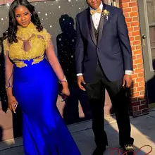 Африканская темнокожая девушка размера плюс длинное платье выпускного вечера Золотая Аппликация Прозрачный верх с длинным рукавом Королевский синий Русалка платье выпускного вечера es