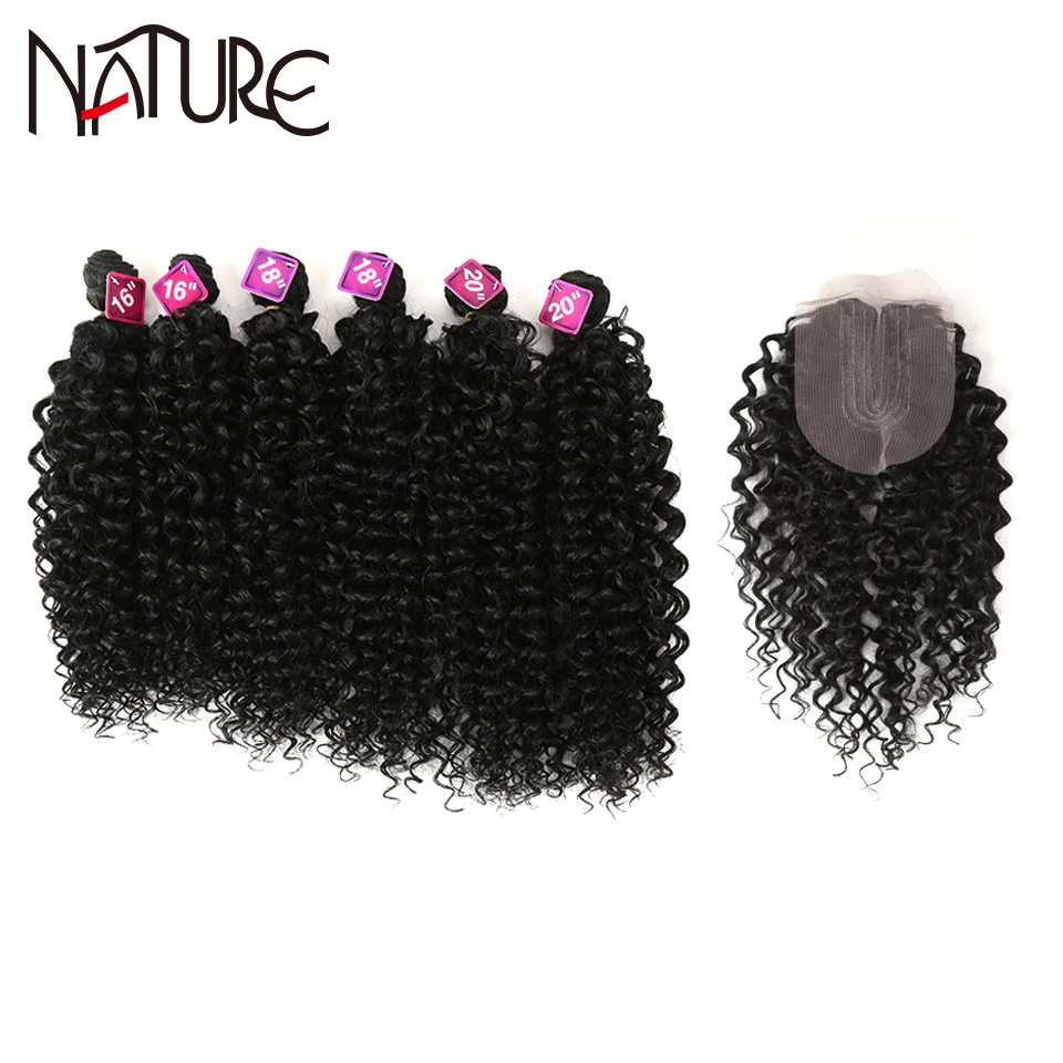 Nature Hair Afro Kinky Curly Hair 16-20inch 7Pieces/lot Synthetic Hair Middle Part Lace Front Closure Bundles With Closure 240g