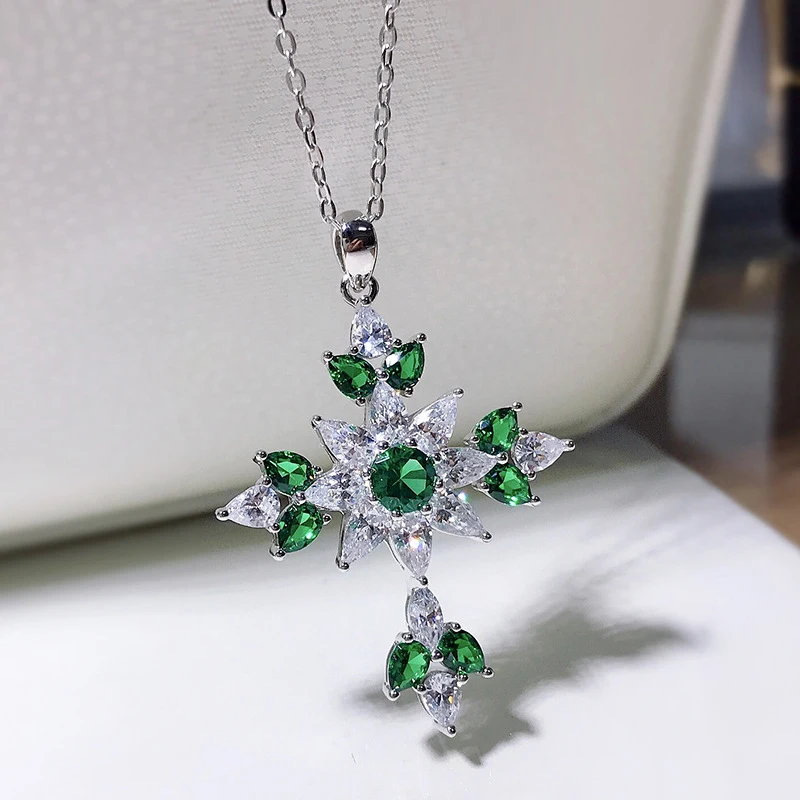 OEVAS 100% 925 Sterling Silver Emerald High Carbon Diamond Cross Pendant Necklace For Women Sparkling Wedding Fine Jewelry Gift