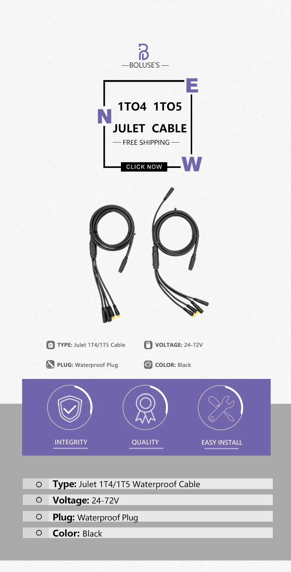 Description Picture 2 of itemJULET Cable 1TO4 8Pin 1TO5 9Pin Waterproof Cables Connect Electric Bicycle Accessories
