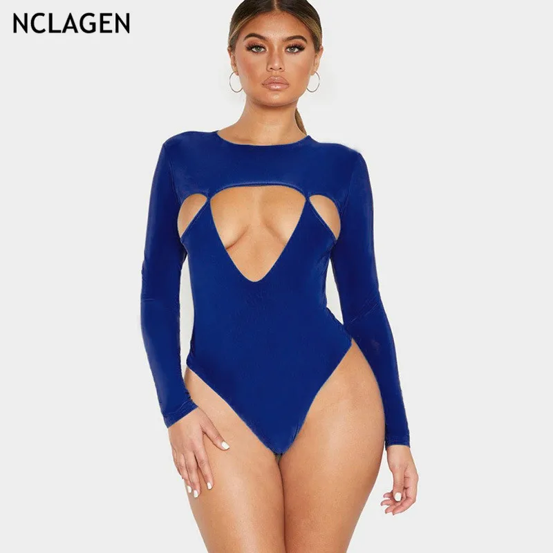 

NCLAGEN 2019 Autumn Sexy Hollow Out Patchwork Bodysuits Long Sleeve Slim Fitness Bodycon Women Party Club Rompers Bottoming Tops