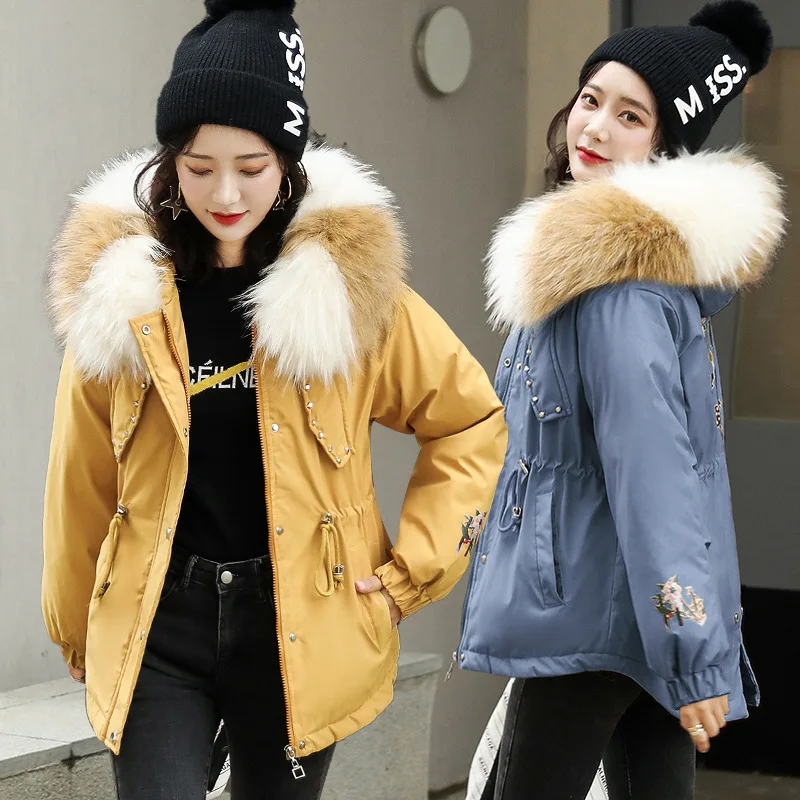 

2019 Cotton-padded Clothes Hooded Long Sleeve Rivet Fashion Korean-style Loose-Fit Drawstring High Imitation Large Fur Collar Pr