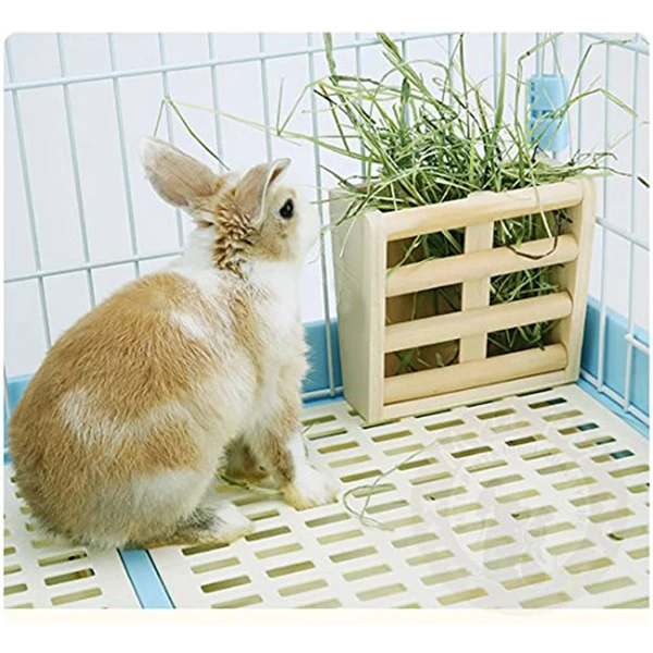 Small Animals Cage Accessories- Rabbit Hay Feeder Rack,Natural Wooden Hay Manger, Hamster Gerbil Rat Lookout Platform Sport Play 5