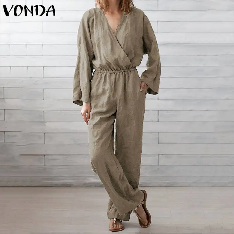 

VONDA Rompers Women Jumpsuits 2019 Sexy V Neck Long Sleeve Overalls For Womens Plus Size Pants Vintage Solid Playsuits