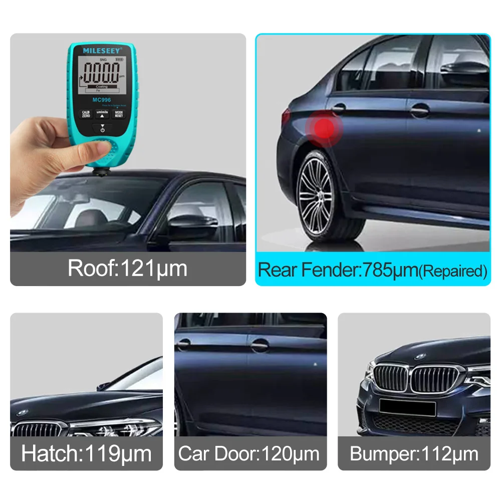 Thickness Gauges Car Paint Film Coating Detector 0-1500um Fe & NFe Probe Kits Mileseey MC996 MC998