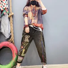 Винтажные джинсы с вышивкой штаны-шаровары корейские дизайнерские женские панковские штаны женские джинсы эластичные фитнес свободные брюки LT021S30