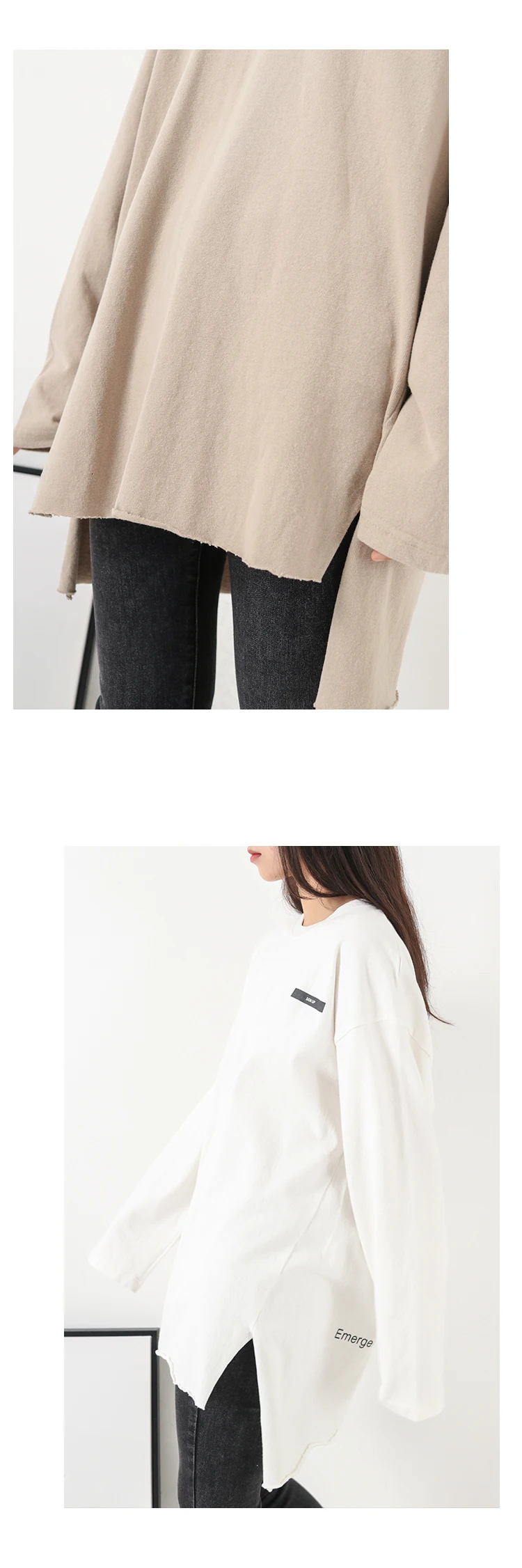 [DEAT] Women Side Spliced Back Print Loose Fit T-shirt New Round Neck Long Sleeve Fashion Tide Spring Autumn 19L-a46