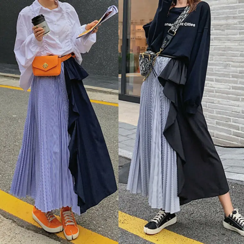 Women Skirt Summer Pleated Long Skirt Ladies Costume High Waist Elastic Flared Skirts Woman Streetwear Casual Womens Skirts