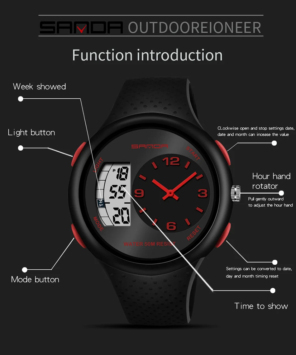 Для мужчин двойной дисплей Многофункциональный цифровой наручные часы модные молодежь водонепроницаемый световой сигнализации спортивные кварцевые часы