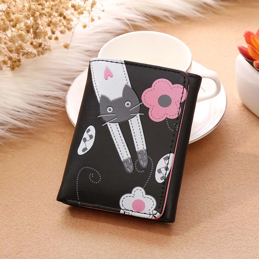 Fashion Charming Nice Women Short Wallet Cat Flowers Pattern Hasp Coin Purse Short Wallet Card Holders Handbag 815