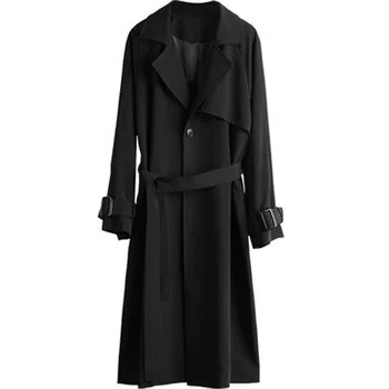 

2020 Autumn Women Black Lace-up Trench Coats Windbreaker Mid-length Female Temperament Japan Style Collar Loose Long Overcoat
