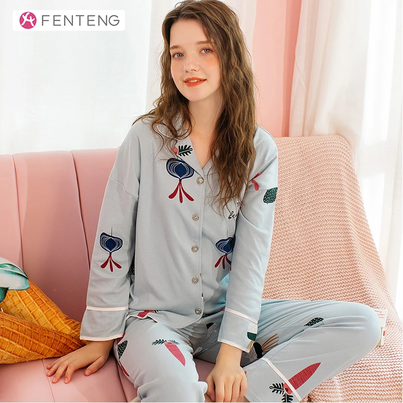 

FENTENG Autumn Pajamas For Women Fashion Cotton Floral Printed Pajamas Causal Lapel Full Sleeve Pajamas Women Set J98112398