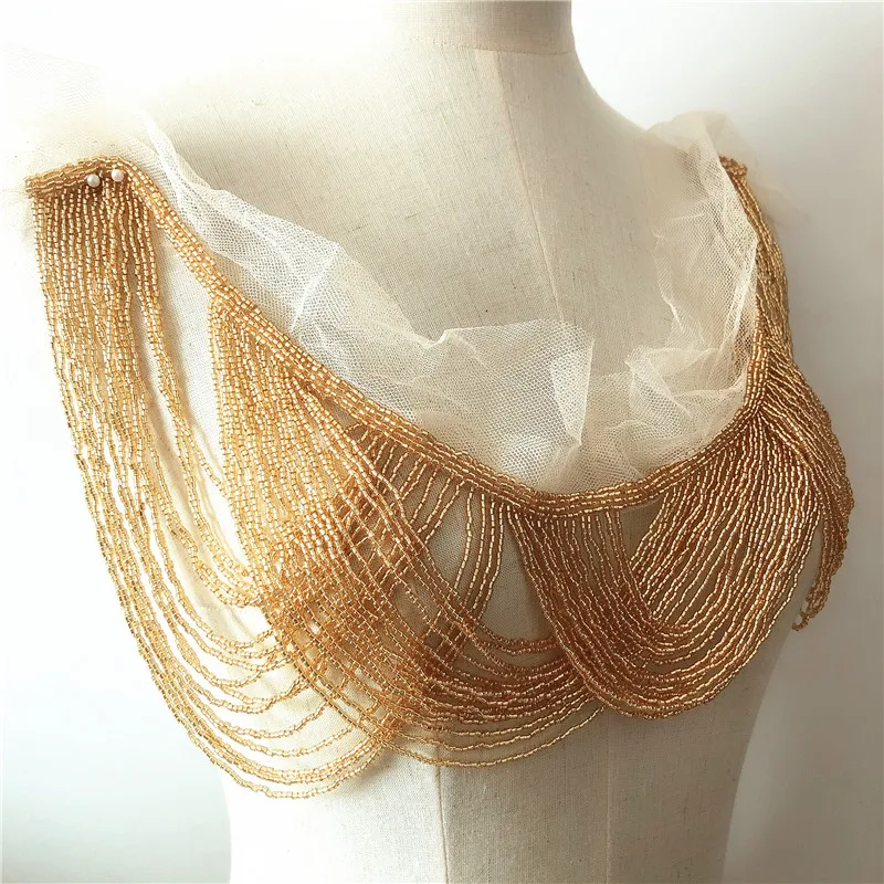 Royal blue gold silver single side wedding embroidered collar with beaded tassels appliques neckline with fringeLeiao Craft