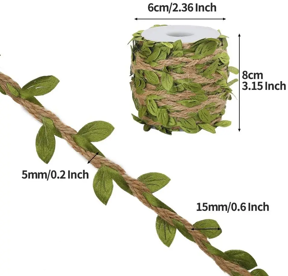 5mm Natural Hessian Jute Twine Rope With Artificial Leaves DIY Crafts Burlap Ribbon For Vintage Wedding Party Decor 5Meters/Lot