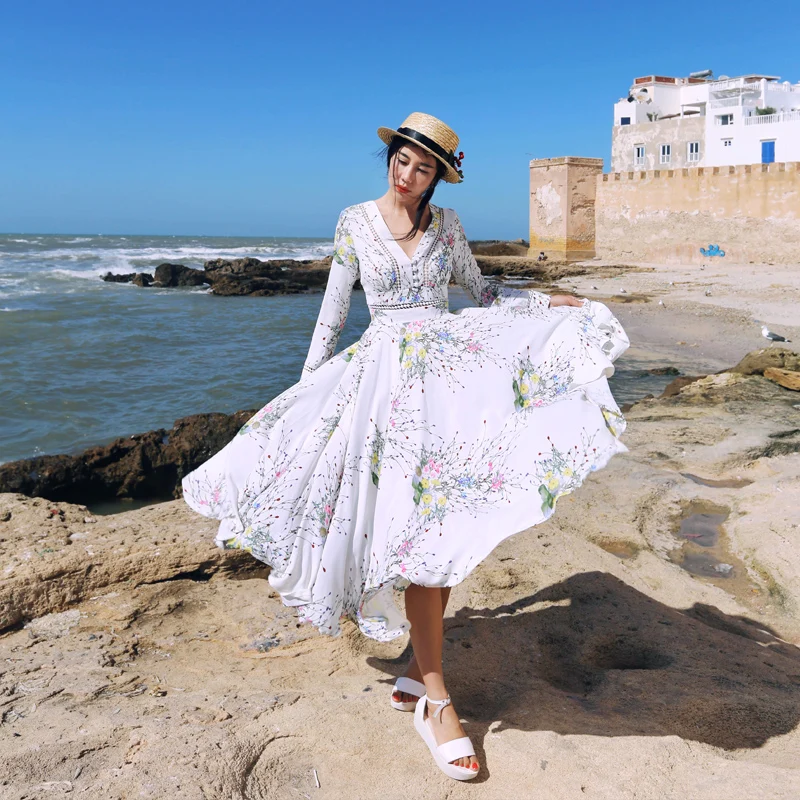 

Женское платье макси с цветочным рисунком, белое повседневное длинное платье с V-образным вырезом, весна