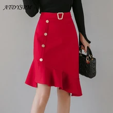 Женская юбка миди с высокой талией, на пуговицах, эластичная, модная, рыбий хвост, однобортная, нестандартная, Однотонная юбка, Falda De Mujer