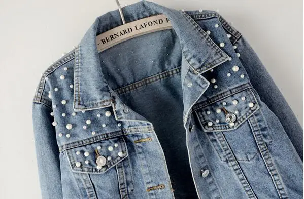 Most effective  Spring and Autumn Pearl Denim Jacket Women 5XL Casual Denim Jacket Denim Jacket Long Sleeve Large S