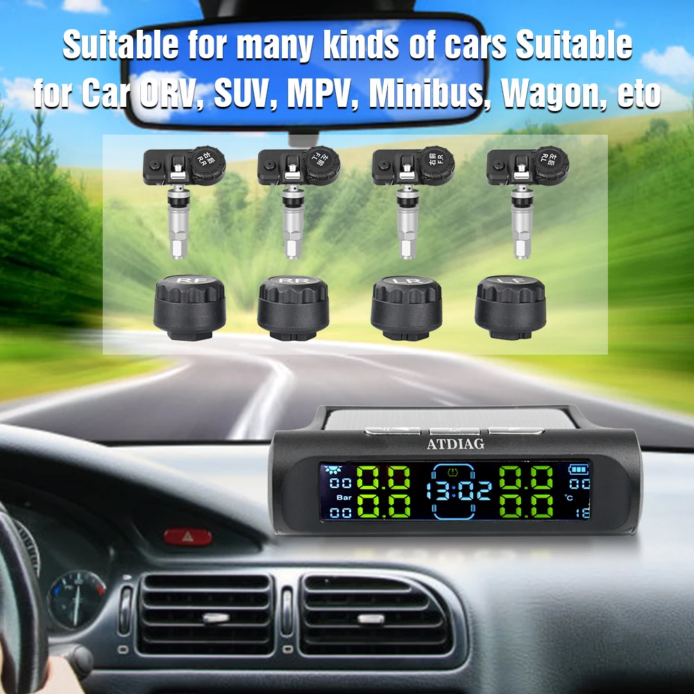 mais novo carro tpms solar carro tpms sistema de monitoramento pressão dos pneus lcd tempo exibição alarme temperatura do pneu automático para segurança