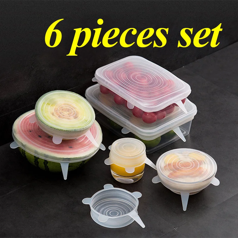 

6 Pcs/ Set Universal Food Silicone Cover Reusable Silicone Stretch Lids Caps For Cookware Pot Cover Kitchen Accessories