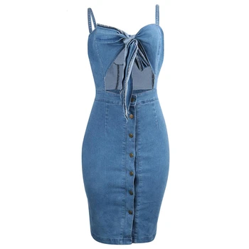 

Hollow Out Denim Dress Women Knotted High Waist Cropped Bodycon Summer Dress Buttons Sexy Strap Party Dress