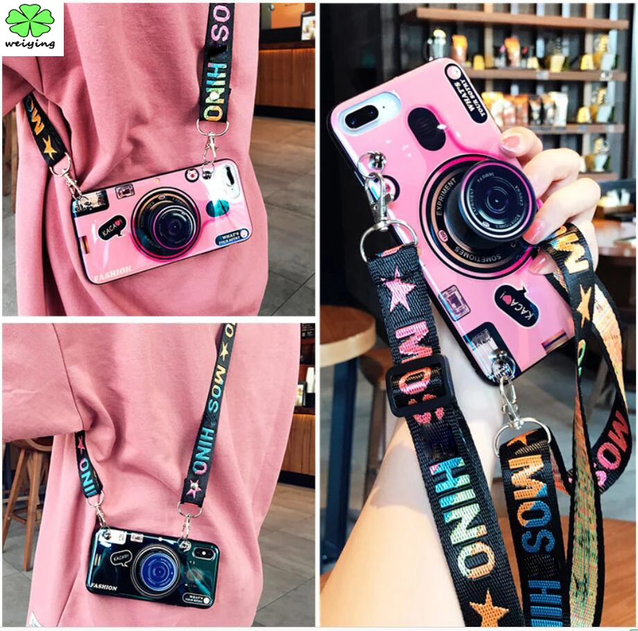 

3D Retro Camera lanyard Case For Iphone XS MAX X 5 6 S 7 8 Plus for Samsung Galaxy A50 S8 S9 S10 plus Stand Holder Silicone Case