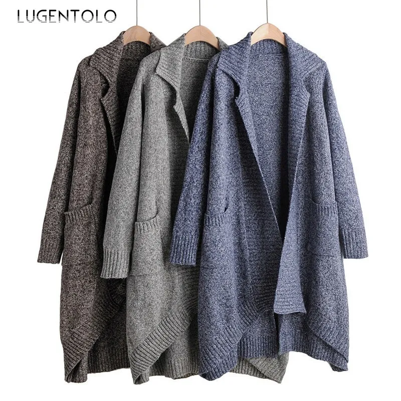Best Price Lugentolo Knit Sweater Women Autumn Winter Solid Turn-down Collar Long Cardigans Pockets Casual Irregular Korean Women Sweater Best Price Lugentolo Knit Sweater Women Autumn Winter Solid Turn-down Collar Long Cardigans Pockets Casual Irregular Korean Women Sweater