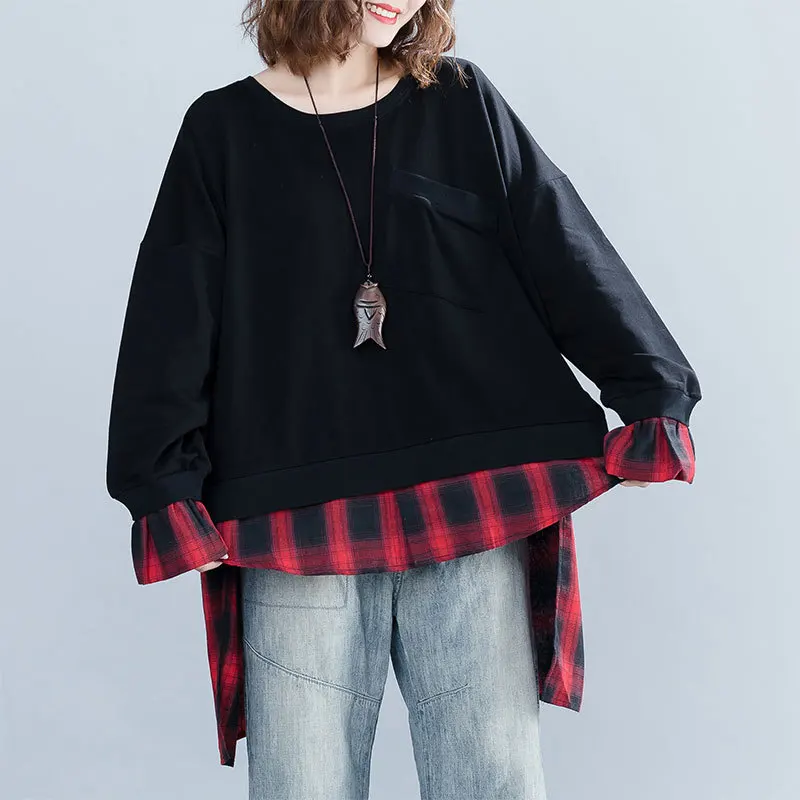 

Johnature 2019 New O-neck Patchwork Pockets Irregular Women Top T-shirts Autumn Korean Vintage Fashion All-match Female T-shirt