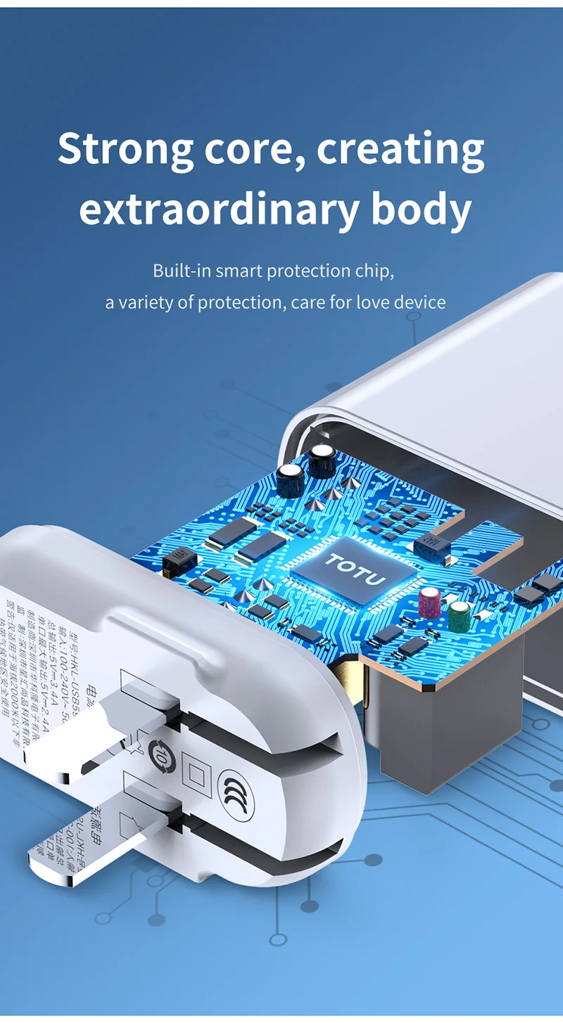 TOTU EU phone travel charger with LED display, fast charge PD18w + QC3.0 home travel wall charger