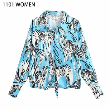 

2020 New Spring Women blue print bow full Sleeve turn-down collar shirt fashion sexy female Tops