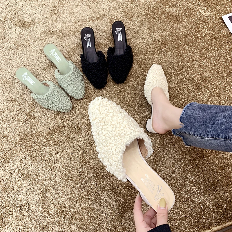 

Mules Womens Shoes Luxury Slides Women's Slippers 2019 Cover Toe Flock Med Square heel Designer New Soft Block Autumn