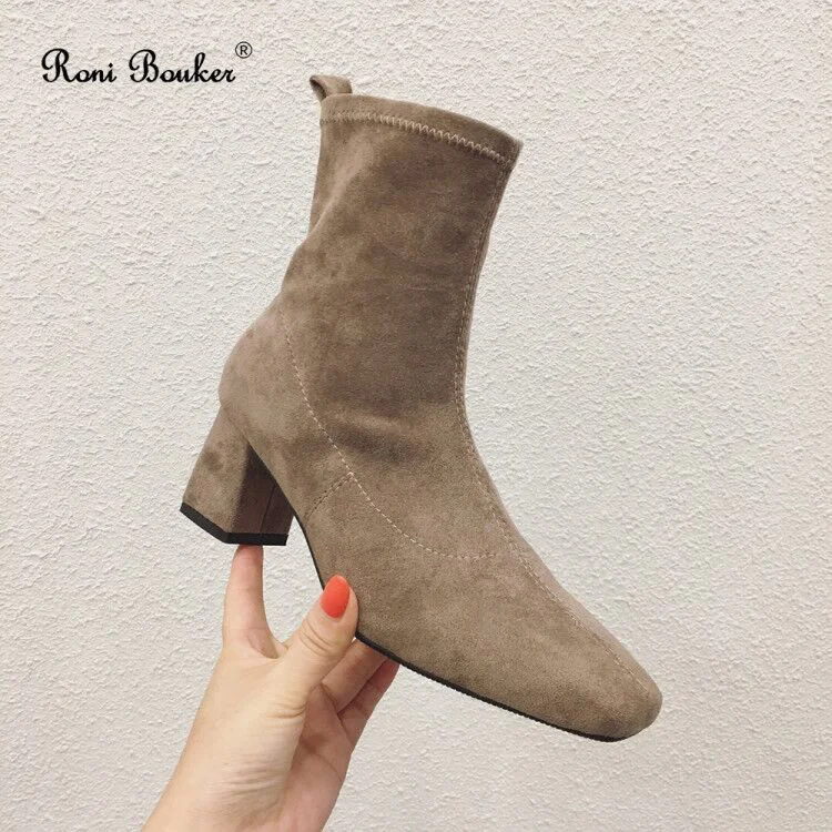 Roni Bouker Autumn Winter High Heels Shoes Woman Square Toe Ankle Boots Women Fashion Flock Leather Booties Female Botas Mujer40 - Color: Beige with plush