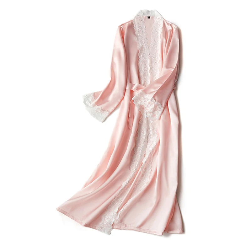 Шелковый кружевной длинный халат летняя кружевная ночная сорочка женский Атласный халат сексуальный женский шелковый халат для дома - Цвет: pink long
