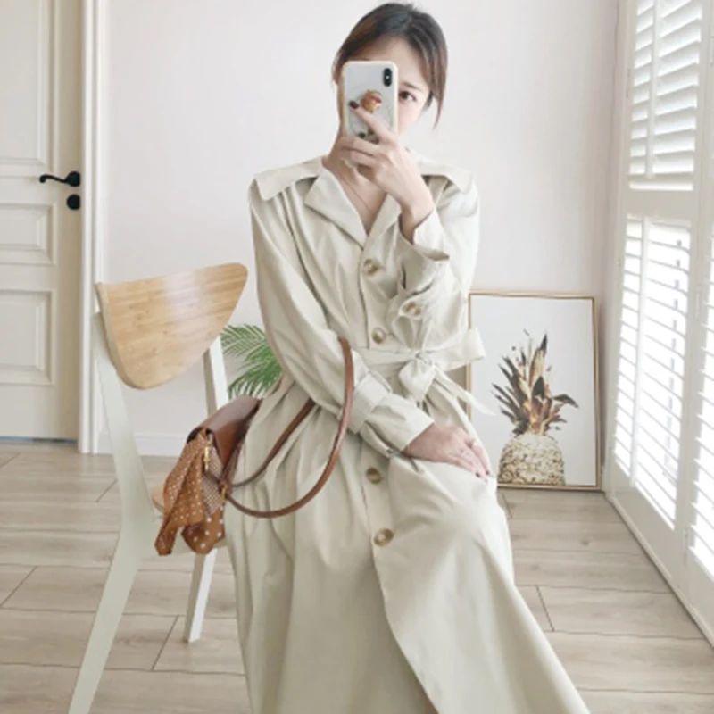 

Spring Autumn Korean Style Maxi Long Women's Loose Trench Coat With Belt Windbreaker Outwear High Quality Trench Coat Dress D532