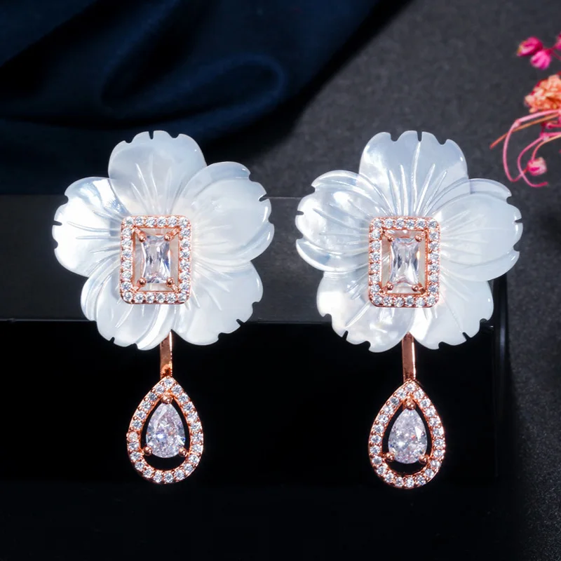 Rose Gold Color BeaQueen эксклюзивная белая оболочка цветочный цветок кубический цирконий большие длинные висячие серьги цвета розового золота для женщин E342 - Окраска металла: Rose Gold Color