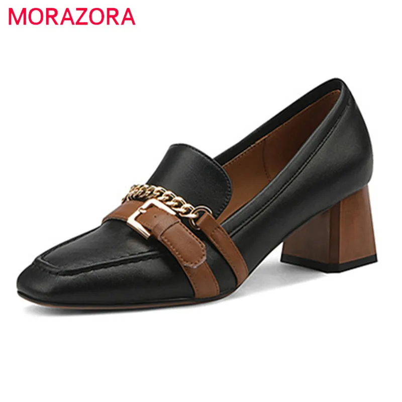 

Женские туфли-лодочки из натуральной кожи MORAZORA, черные или белые туфли-лодочки из натуральной кожи на высоком каблуке, с металлической цепочкой и пряжкой, лето 2024