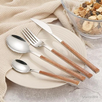 

24PCS/Set Stainless Steel Tableware Glossy Wooden Silver Dinnerware Sets Home Kitchen Western Food Knife Fork Teaspoon Cutleries
