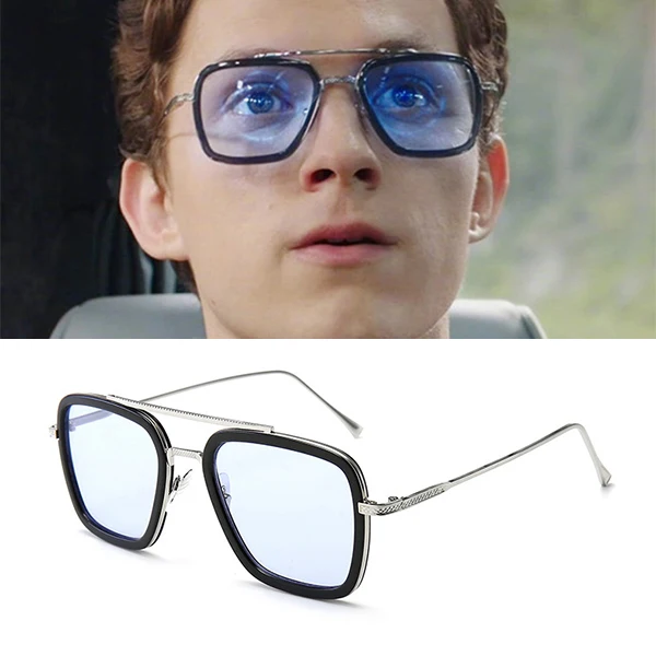Модные мужские солнцезащитные очки Tony Stark, Мстители 3, Железный человек, квадратные очки, оправа, Человек-паук, Эдит, солнцезащитные очки унисекс - Цвет линз: Silver Blue Lens