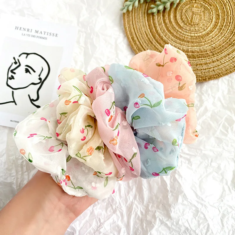 

The new organza floral print large e. han edition French horsetail hair bands ins cherry circle circle hair accessories