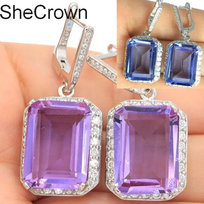 

SheCrown Special 12.1g 18x13mm Created Color Changing Alexandrite & Topaz White CZ For Woman's Silver Earrings 37x17mm