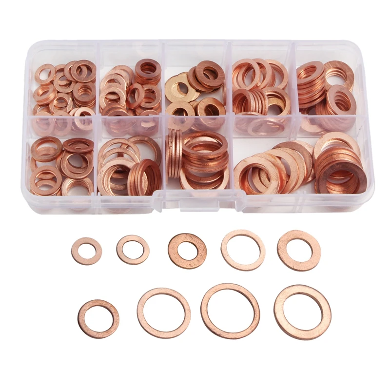 

200Pcs 9 Sizes Copper Washers Assorted Solid Copper Gasket Washers Sealing Ring Set Hardware Kit M5/6/8/10/12/14 with Plastic Ca