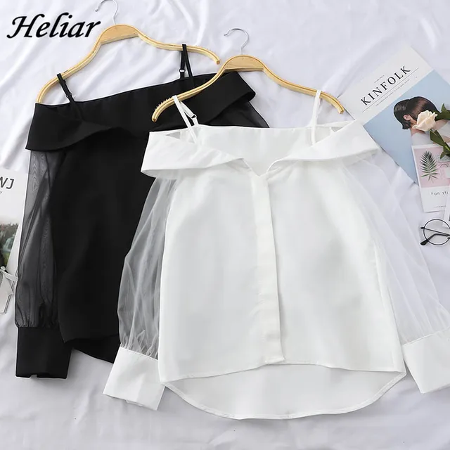 US $12.07 HELIAR Chiffon Shirt Transparent Sleeve Slash Shoulder Spaghetti Tops 2020 Spring Buttoned Up Blous