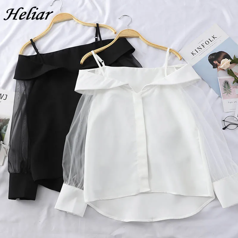  HELIAR Chiffon Shirt Transparent Mesh Sleeve Slash Shoulder Spaghetti Tops 2019 Fall Buttoned Up Bl