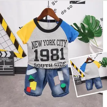 

Kids Boys Clothes Boy Summer Clothing Sets Short Sleeves Letter Tops Shirt + denim shorts Suits Children Clothing 2-7years