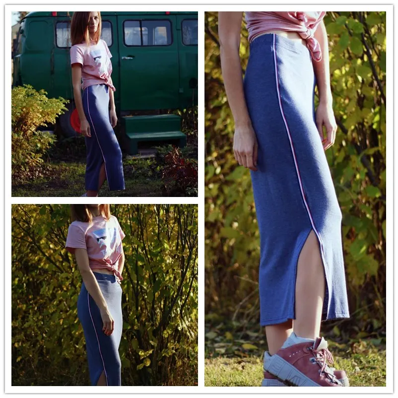 SweatyRocks, синяя полосатая трикотажная юбка с лентами и разрезом, спортивная одежда, обтягивающие длинные юбки, женские юбки-карандаш с высокой талией