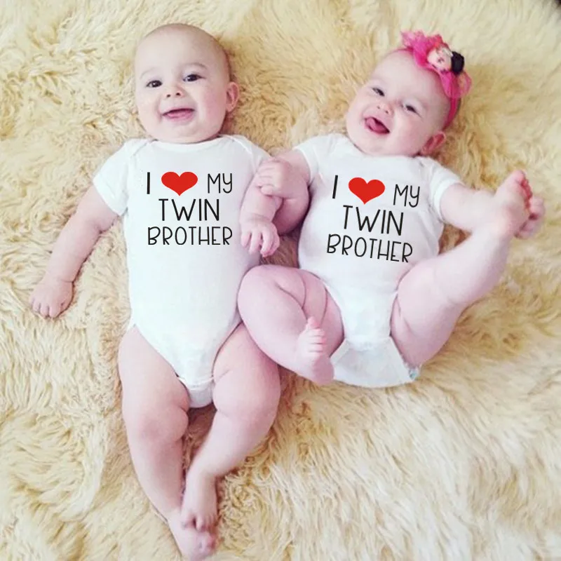 I Love My Twin Brother Letters Print Newborn Baby Bodysuit Short Sleeve Infant Baby Boy Girl Rompers Onesies Baby Twins Clothes 2