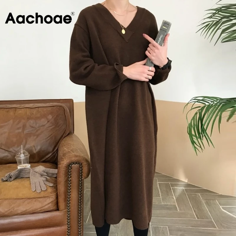 Aachoae Women Chic V Neck Knitted Sweater Dress Autumn Batwing Sleeve Loose Dresses Casual Long Dress Vestidos Mujer 2020 Aachoae Women Chic V Neck Knitted Sweater Dress Autumn Batwing Sleeve Loose Dresses Casual Long Dress Vestidos Mujer 2020